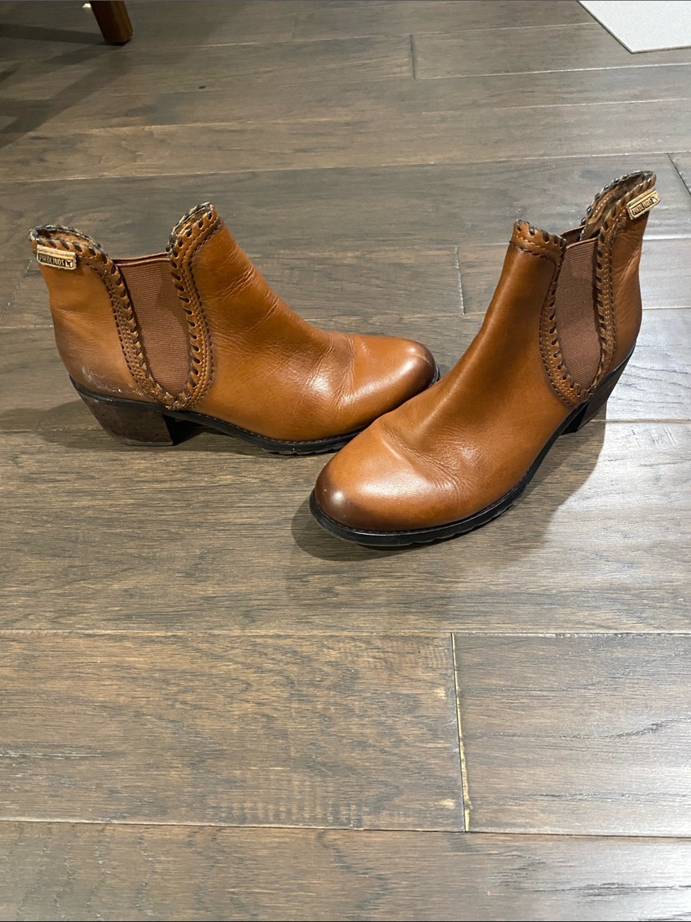 PIKOLINOS Women’s Cognac Leather Chelsea Ankle Booties with Braided Trim